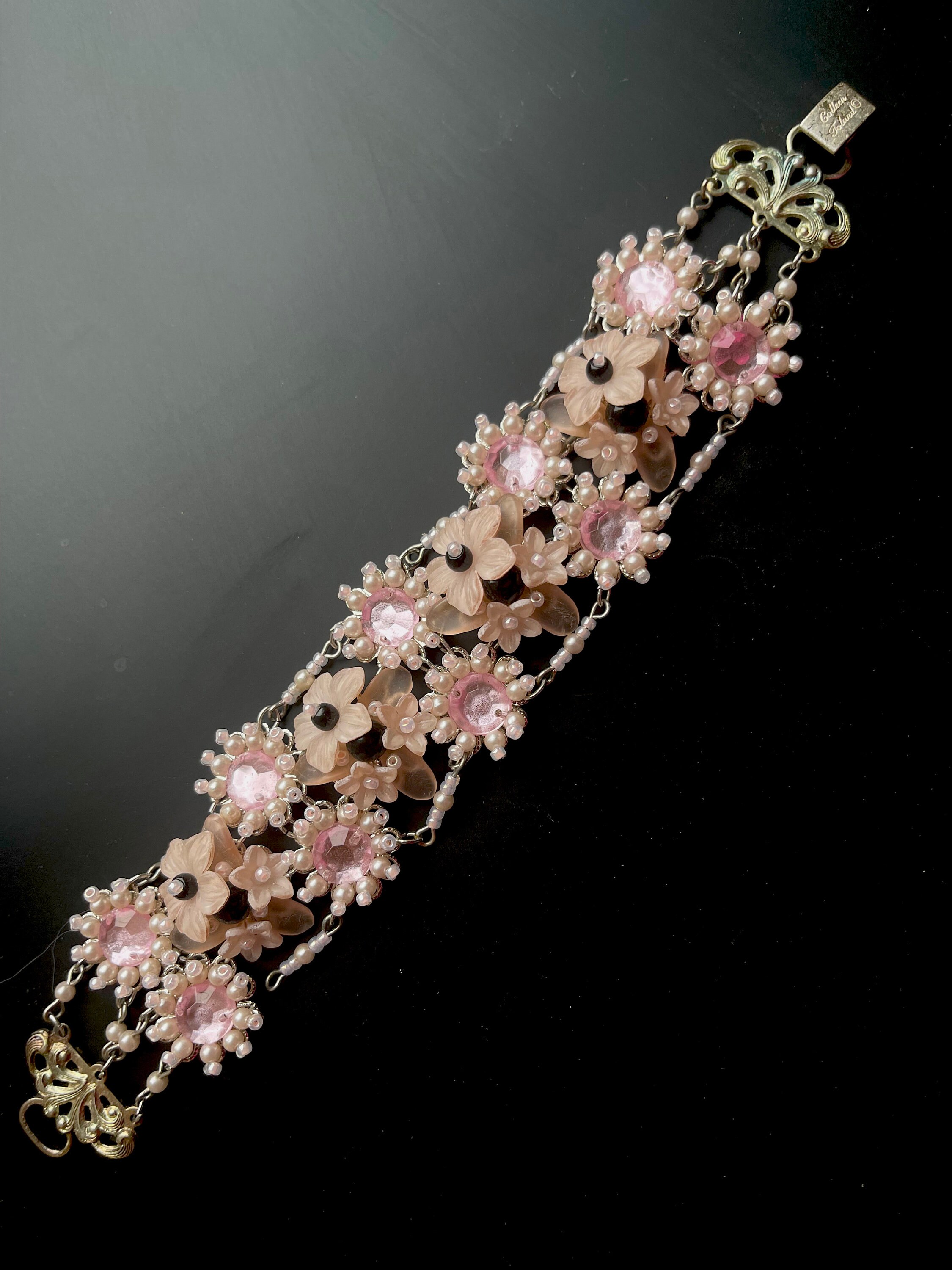 ヴィンテージ COLLEEN TOLAND ピンク ブラック ビーズ フラワー