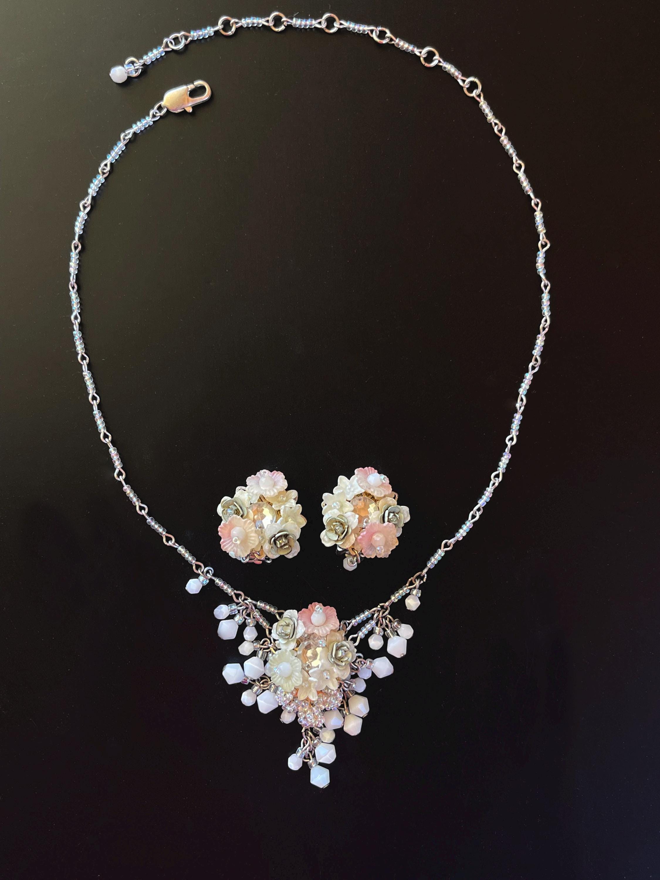 Vintage COLLEEN TOLAND Pastel White Beaded Floral Necklace and Earring Set handmade romantic retro pink rose womans jewelry flower designer