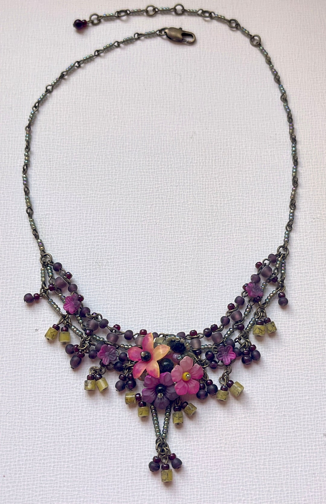 Vintage COLLEEN TOLAND Pansy Beaded Necklace Flower Floral Romantic