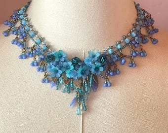 Vintage COLLEEN TOLAND Turquoise Rose Beaded Necklace handmade floral flower womans choker statement designer