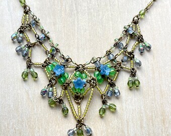 ヴィンテージ COLLEEN TOLAND ブルーグリーン XO ビーズ V ネックレス