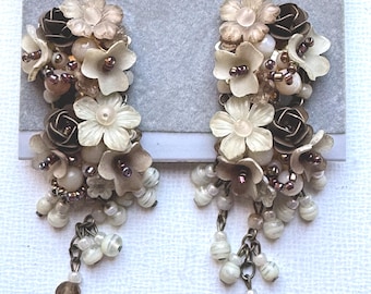 Vintage Colleen Toland Biege Brown Copper Chandelier Earrings floral flower statement handmade romantic