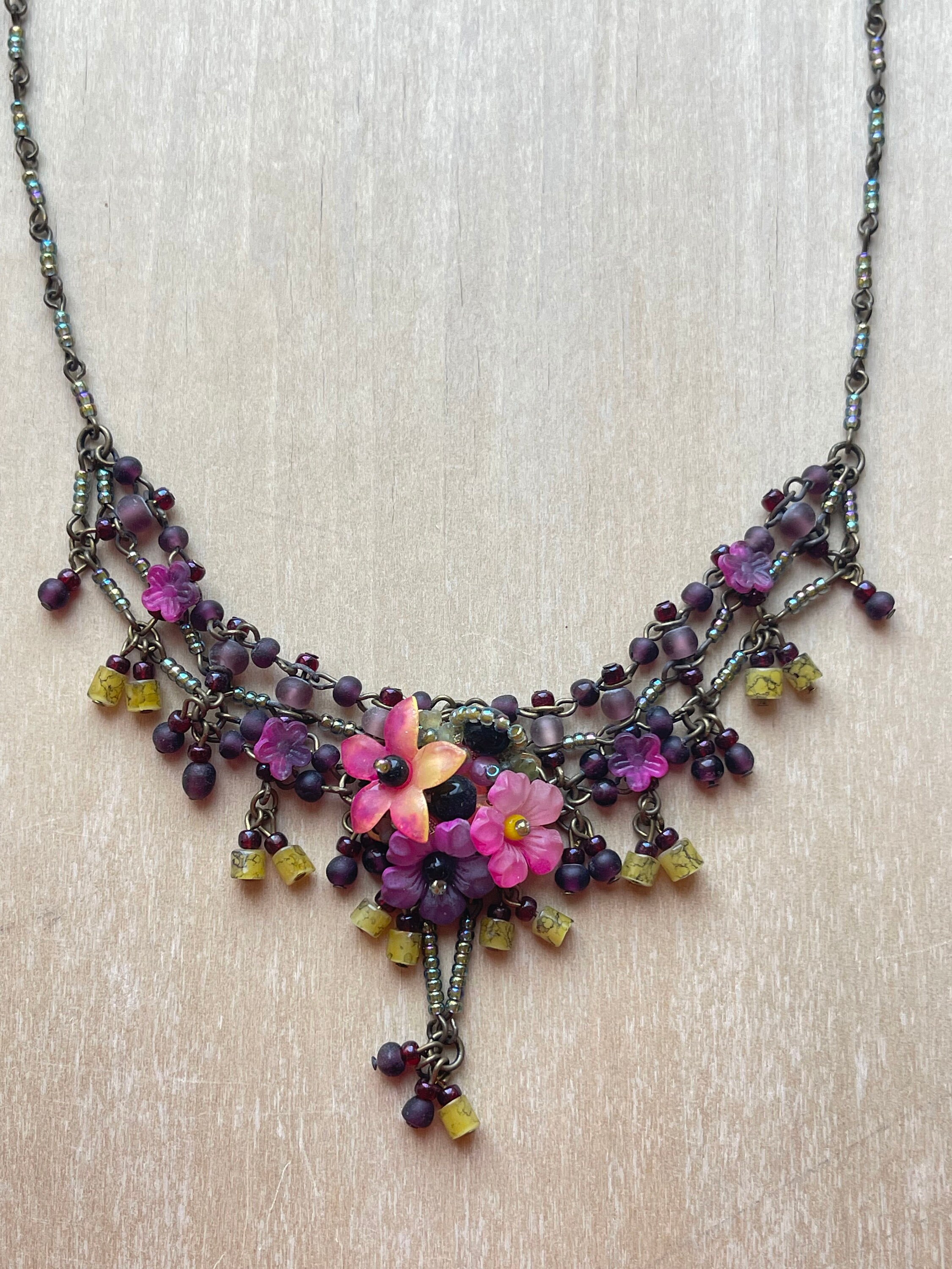 Vintage COLLEEN TOLAND Pansy Beaded Necklace Flower Floral Romantic