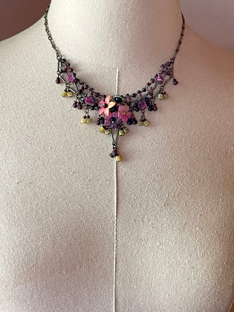 Vintage COLLEEN TOLAND Pansy Beaded Necklace Flower Floral Romantic