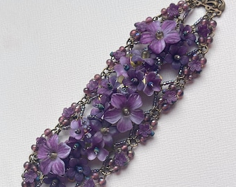 Vintage COLLEEN TOLAND Purple Floral Cuff Bracelet romantic jewelry flower jewellery handmade handcrafted art to wear designer signed  ooak