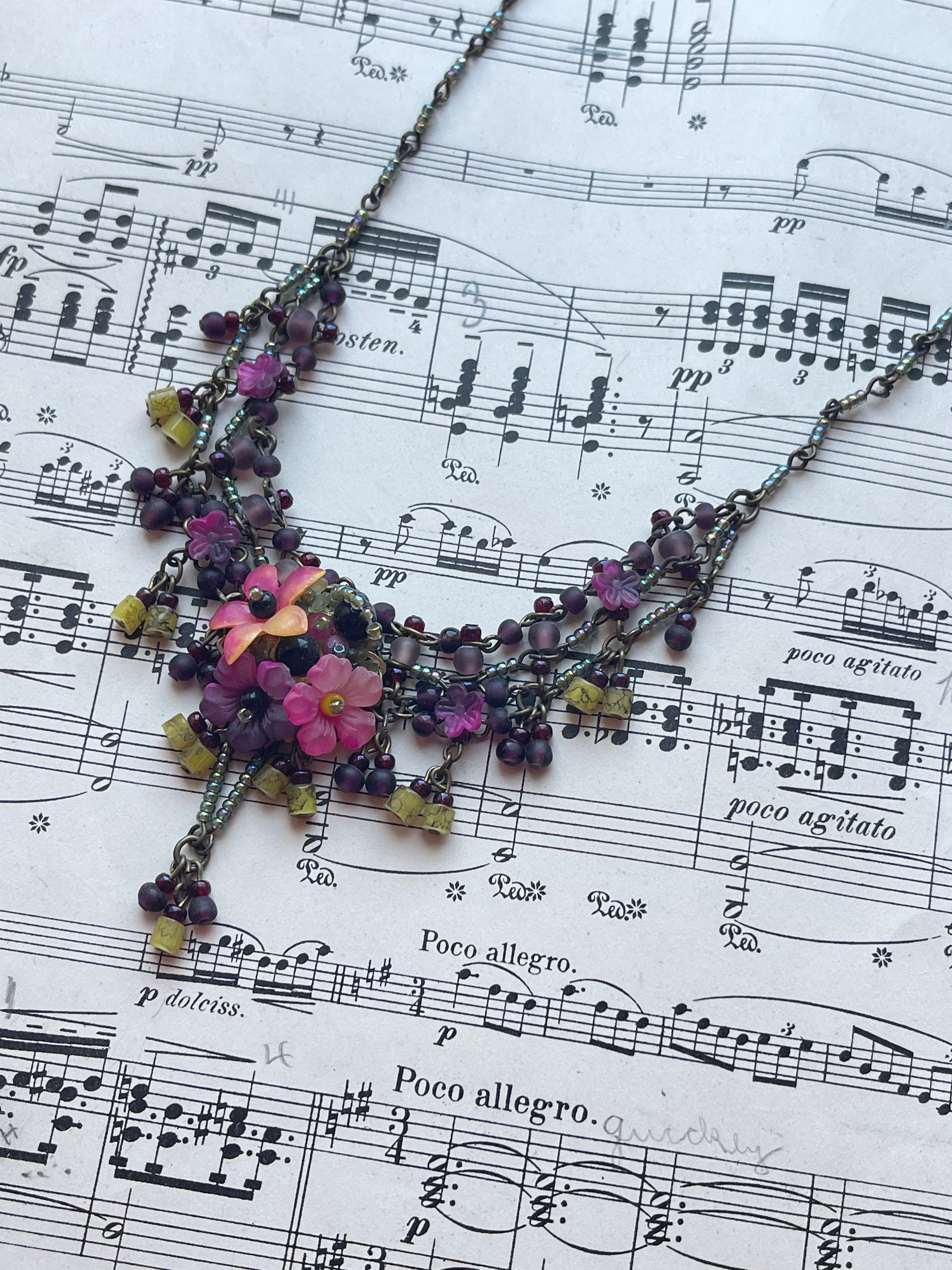 Vintage COLLEEN TOLAND Pansy Beaded Necklace Flower Floral Romantic