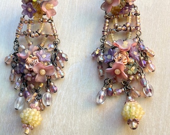 Vintage COLLEEN TOLAND Chandelier earrings purple and yellow intricate beaded floral flower rimantic signed designer.