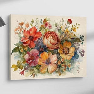 Schöne Aquarell Vintage Mix Blumen Leinwand Druck Wandkunst, fertig zum Aufhängen, Floral Wanddekoration, Wandbehänge für Wohnzimmer