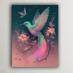 May include: A vibrant, iridescent hummingbird with a long, pink tail, perched on a branch with pink flowers. The background is a dark blue with a gradient to a light pink.