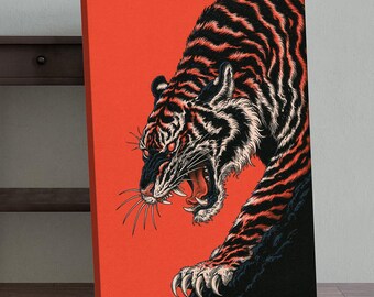Bold Japanese Tiger Ink Art Canvas Print - Fierce Wall Decor for Animal Lovers