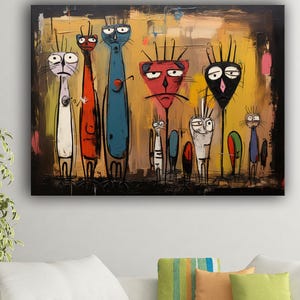 Lindos personajes de animales pintando lienzo impreso arte de pared, caricatura peculiar, arte de pared estilo galería listo para colgar, lienzo de animales, obra de arte abstracta