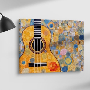 Abstract guitar colorful painting Gustav klimt style canvas print wall art, Guitar canvas print, music canvas, Musical instrument wall decor