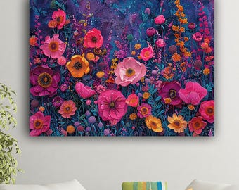 Abstraktes Wandbild: Bunte Blumen Landschaft, Modernes Wohn Dekor