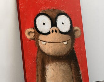 Charming Monkey Wall Art for Nursery Room - Cute Crayon Style Canvas Print Whimsical Art