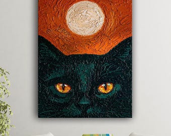 Mystical Black Cat Canvas Print: Enchanting Wall Art with Moonlit Background
