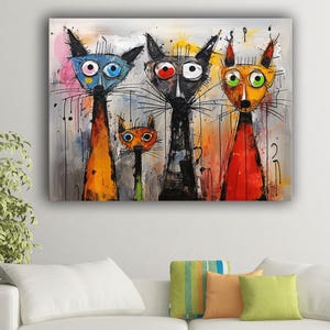 Quirky Cartoon Painting, Canvas Print Wall Art, Abstract Painting, Modern Cat Art, Feline Style, Unique Gift Ready to Hang Gallery Style,
