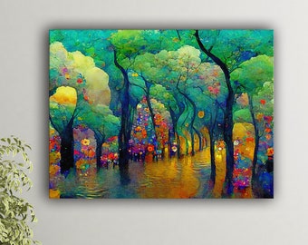 Gustav Klimt painting style, Colorful rainy forest, Ready to hang gallery style canvas print wall art, High quality canvas, Nature art