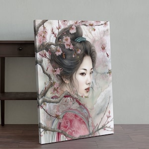 Japanische Kunst, Japanische Geisha und Kirschblüte Malerei Leinwanddruck Wandkunst, fertig zum Aufhängen in der Galerie, japanische Leinwand Kunst Wanddekoration