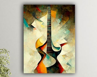 May include: Abstract painting of a guitar with a colorful geometric design. The guitar is painted in shades of blue, green, yellow, orange, and brown. The background is a light beige color.