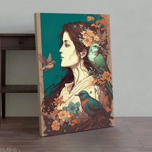 Alphonse Mucha style canvas print wall art, The girl with bird and flowers drawing, Ready to hang gallery style canvas art, High quality art