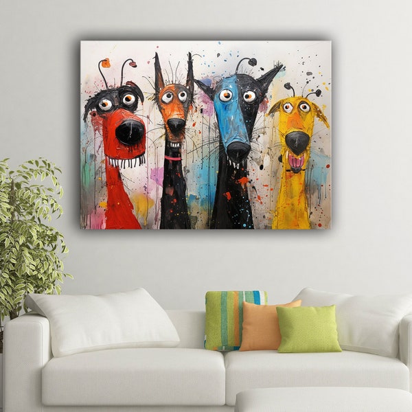 Quirky cartoon characters painting canvas print wall art, Ready to hang gallery style wall art, Dogs canvas art, abstract artwork animal art