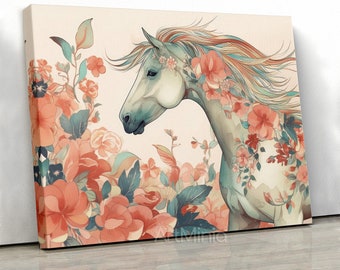 Chinese style painting of a horse and flowers canvas print wall art, Ready to hang gallery style wall art Unique home decor Large canvas art