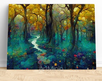 Ready to hang gallery style canvas print wall art | Colorful rainy forest and river style of Gustav Klimt | High quality canvas | Nature art