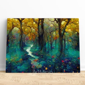 Fertig zum Aufhängen in der Galerie Stil Leinwand Druck Wandkunst | Bunter Regenwald und Fluss Stil von Gustav Klimt | Hochwertige Leinwand | Naturkunst