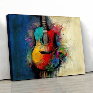 Abstract colorful guitar oil painting canvas print wall art, Guitar canvas print, High quality music canvas, Musical instrument wall decor
