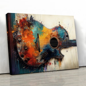 Abstract guitar colorful oil painting canvas print wall art, Guitar canvas print, High quality music canvas, Musical instrument wall decor