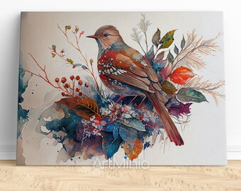 Puede incluir: Una pintura de acuarela de un pájaro marrón y rojo posado en una rama con hojas y bayas coloridas. El pájaro tiene una cola larga y está rodeado de una lavada de acuarela azul, verde y morado.
