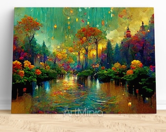 May include: A painting of a magical forest scene with a river flowing through it. The trees are a mix of green, orange, and red, and there are glowing lights hanging from the branches. The sky is a vibrant blue with clouds.