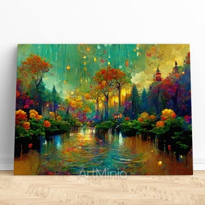 Fluss mit lebendigen Farben in einem üppigen Regenwald Leinwanddruck Wandkunst, Gustav Klimt Malstil, fertig zum Aufhängen auf Leinwand im Galeriestil