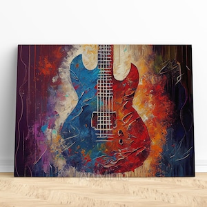 Abstract electric guitar oil painting canvas print wall art, Guitar canvas print, Ready to hang music art, Musical instrument home decor