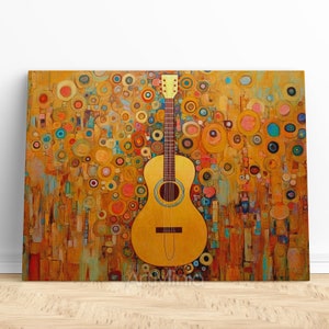 Gitarre im Klimt-Stil, abstrakte bunte Gitarrenmalerei Leinwanddruck Wandkunst, fertig zum Aufhängen Musikleinwand Musikinstrument-Wanddekor