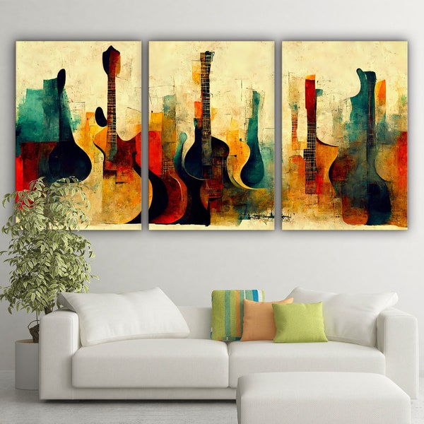 Abstract guitar painting canvas print wall art, Music wall art,  Ready to hang gallery style canvas art, Multi panel canvas, Large canvas