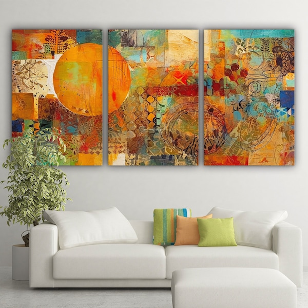 Large Abstract Collage Painting Canvas Print Wall Art, Ready to Hang Gallery Style Canvas Art Extra Large Canvas Multi Set Canvas Home Decor