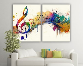 May include: Two-panel abstract art print featuring a colorful treble clef and musical notes on a white background. The print is a watercolor style with splashes of color.