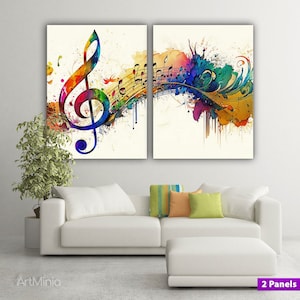 Pintura em aquarela com notas musicais coloridas de arco-íris, impressão em tela, arte de parede musical, decoração de parede musical, arte de parede em tela pronta para pendurar