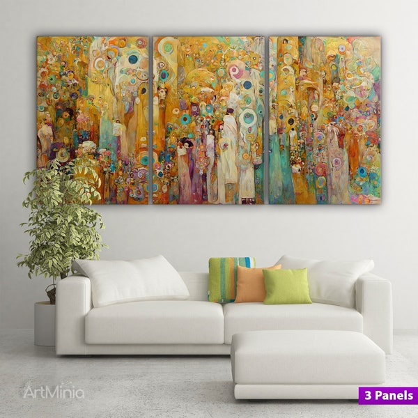 Abstract painting style of Gustav Klimt, canvas print wall art, Ready to hang gallery style wall art, Extra large canvas, Multi panel canvas