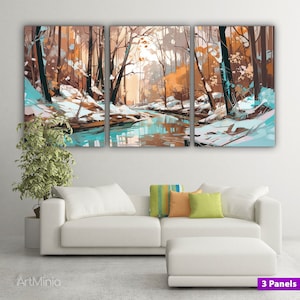 Abstraktes Ölgemälde eines Baches im winterlichen Wald Leinwanddruck Wandkunst, Naturkunst, fertig zum Aufhängen in der Galerie