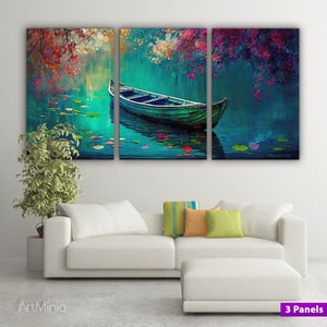 Barco estilo Monet em um lago turquesa com flores, pintura a óleo, impressão em tela, arte de parede, tela estilo galeria pronta para pendurar, conjunto de telas de 3