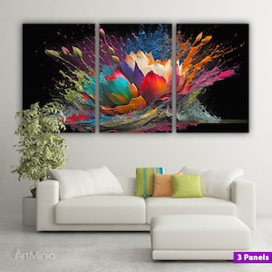 Buquê de flores de lótus abstrato vibrante e respingos de tinta, impressão em tela de arte de parede, impressão em tela de flores coloridas prontas para pendurar, arte de parede floral