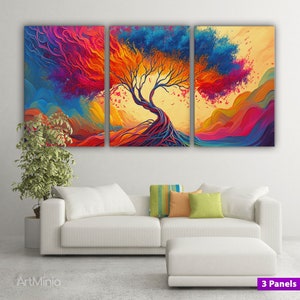 Abstraktes buntes Ölgemälde eines Baumes Leinwanddruck Wandkunst, Multi-Panel-Wandkunst, fertig zum Aufhängen im Galerie-Stil, Set aus 3 Leinwanddrucken