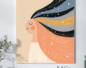 Whimsical Digital Illustration of a Serene Woman Meditating with Starry Hair