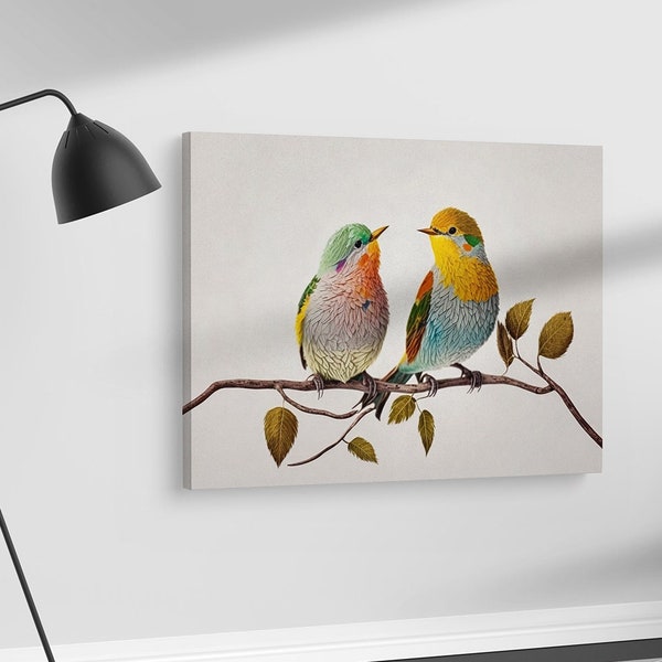 Birds in Love minimal painting canvas print wall art, Ready to hang gallery style canvas art, Bird painting, Nature home decor colorful bird