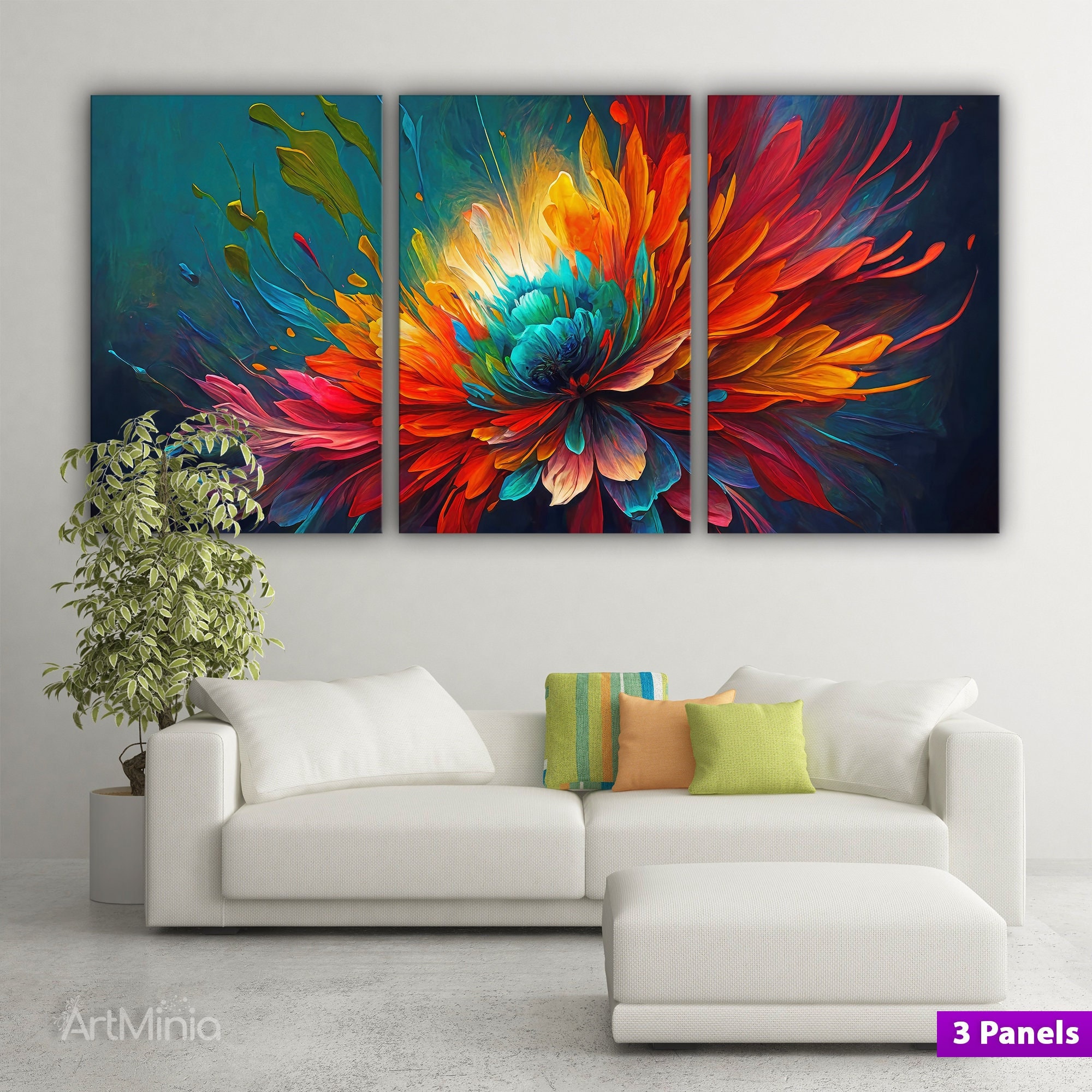Multi panel Abstract colorful flower canvas print wall art, Ready to hang gallery style canvas art, Abstract modern floral digital painting