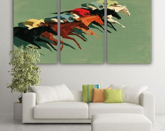 Vibrant Mid-Century Modern Horse Racing Canvas Print: Colorful Equestrian Decor
