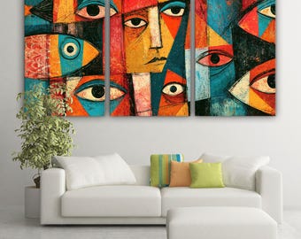 Colorful Abstract Faces and Fish Canvas Print: Unique Wall Art for Modern Decor