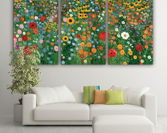 Vibrant Floral Garden Triptych Canvas Print in Impressionist Style